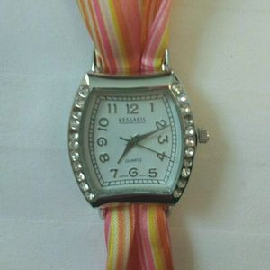 Kessaris watch w/ rhinestones striped fabric strap